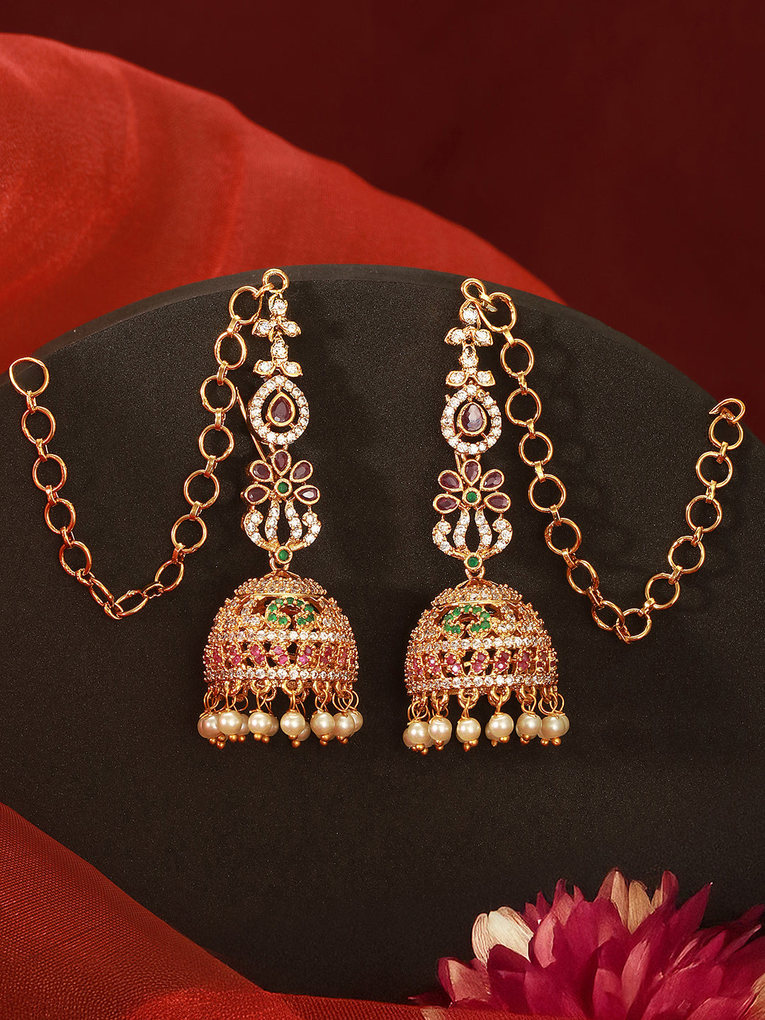 Gold Plated Zircon AD Studded Floral Bridal Matil Earchain  Earrings